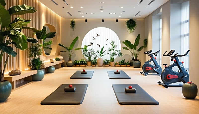 A serene wellness studio with massage therapy, Pilates, and spinning equipment, radiating a welcoming and uplifting atmosphere.